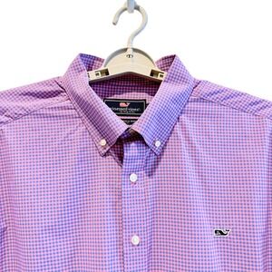Vineyard Vines Mens XXL Slim Fit Whale Shirt Pink Blue Gingham Nylon Button Down